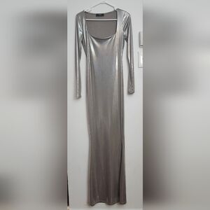ICONE by Simons, Metallic Silver Long Sleeve Maxi Dress, Full Length Dress 💕